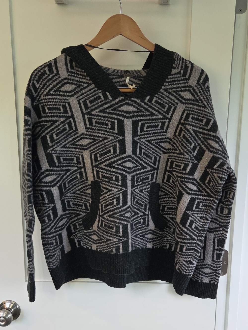 Free People Green & Gray Geometric Jacquard Crewneck Sweater